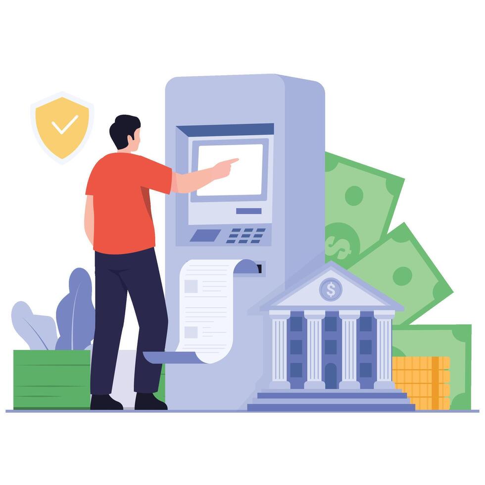 Man uses an ATM terminal to access his bank account, printing a receipt during a secure electronic transaction. vector