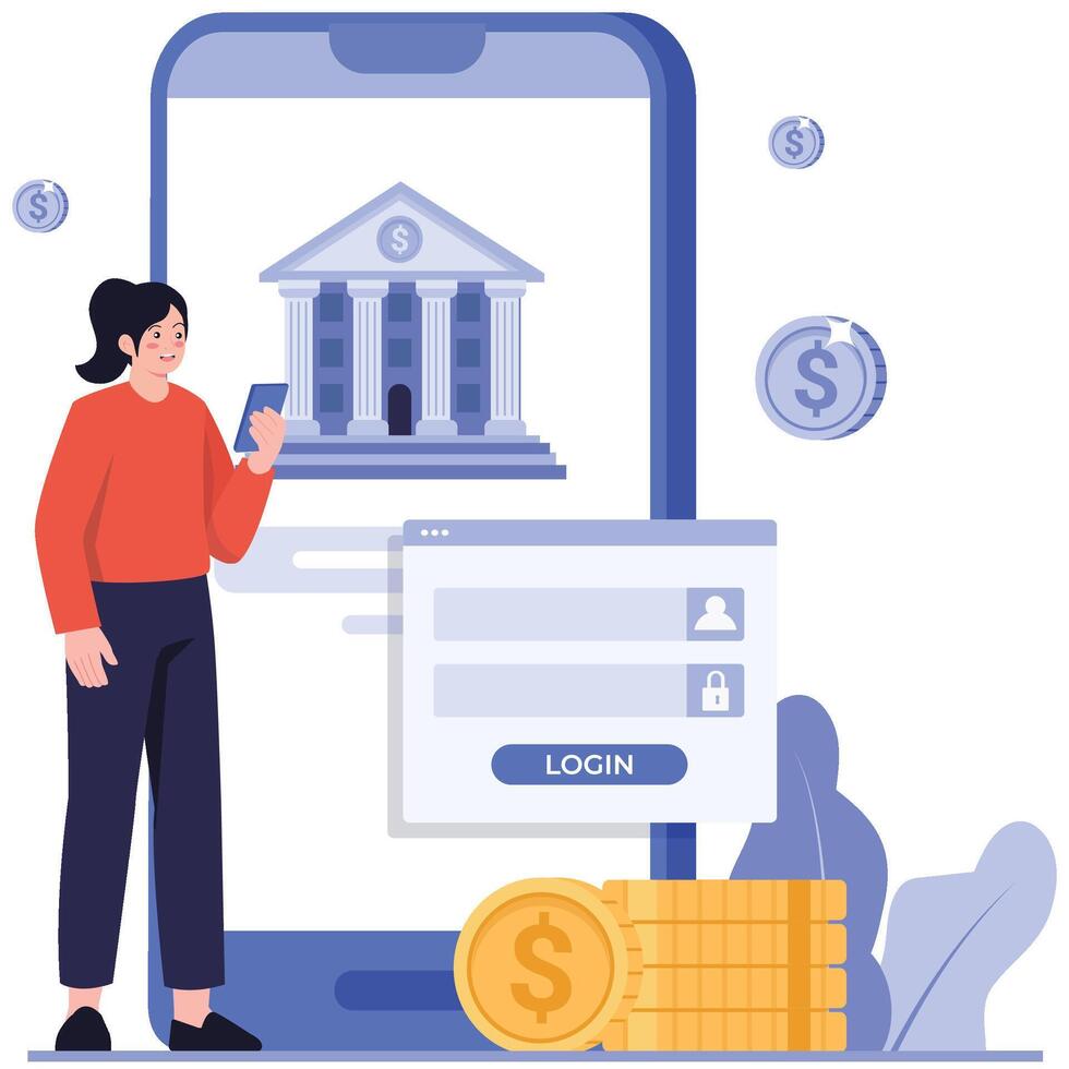Woman uses a smartphone app with bank login screen and coins, representing secure digital access. vector