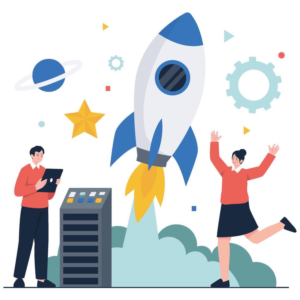 A rocket lifts off while a team celebrates and monitors systems, symbolizing product launch, growth, and success. vector