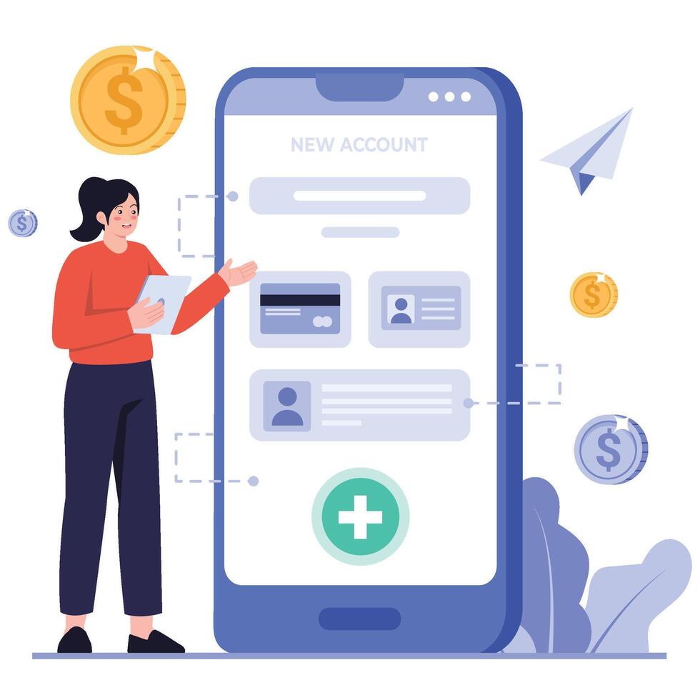 Mobile onboarding screen guides a user through creating a new bank account with verification steps. vector