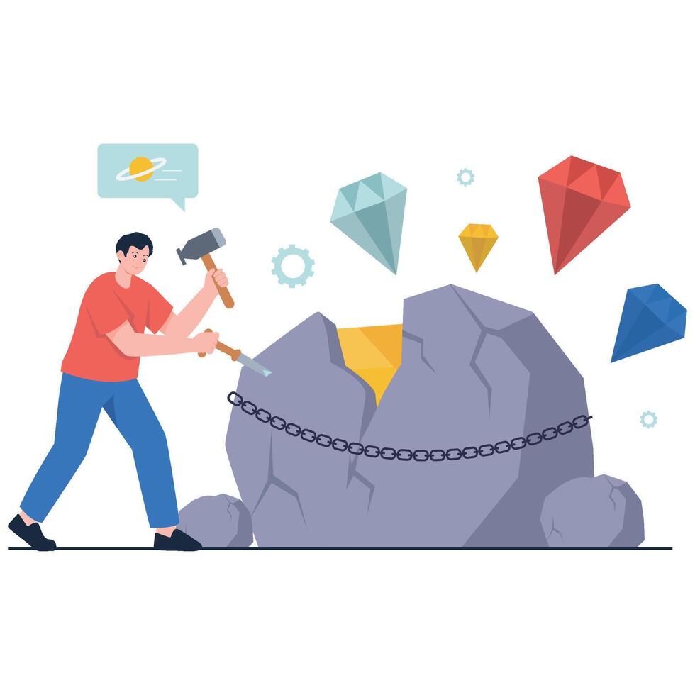 A miner chisels a chained boulder revealing colorful gems, symbolizing discovery, value creation, and breakthrough innovation. vector