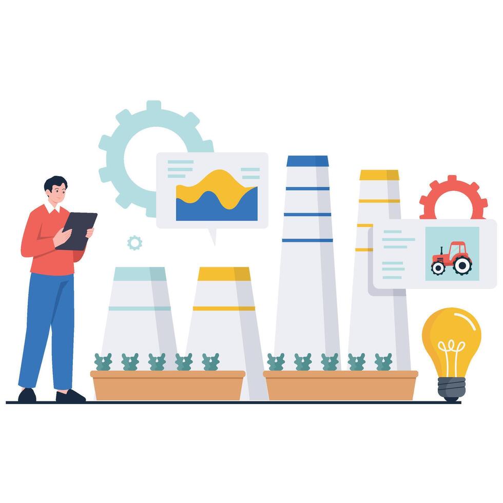 Technician oversees automated greenhouse towers with data dashboards, representing agritech, monitoring, and sustainable production. vector