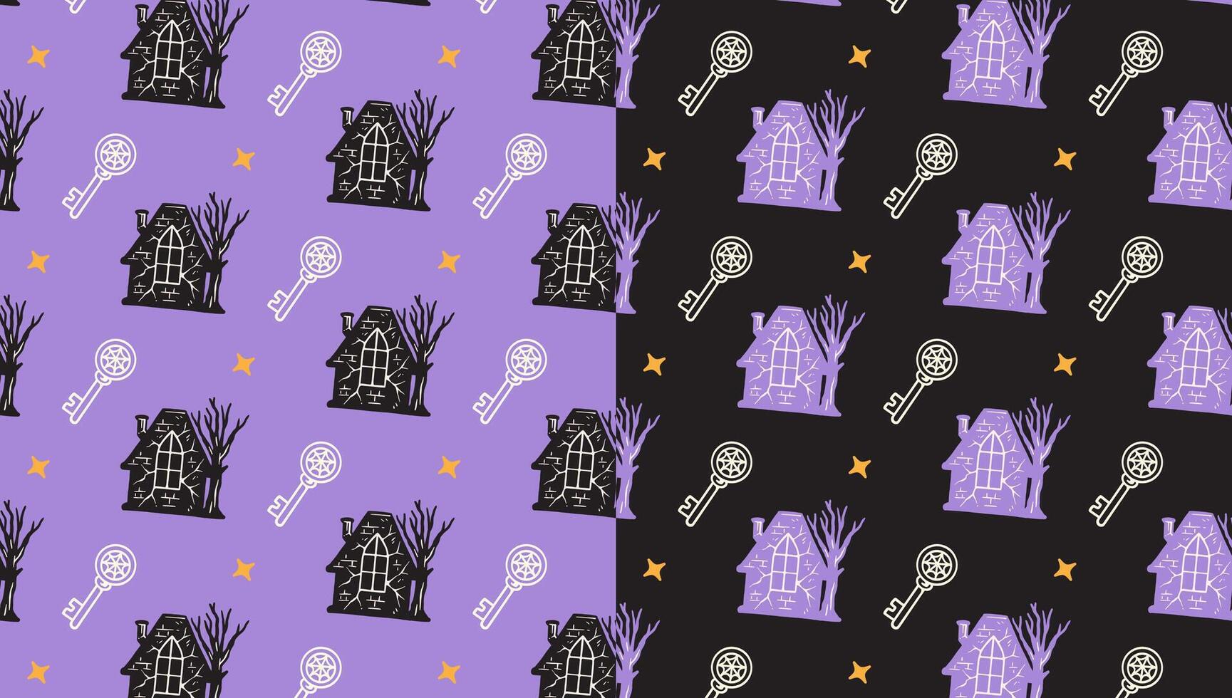 haunted house, key with web, light doodle pattern on purple black background set for halloween. gothic mansion with tree, key, star isolated motif pattern background. illustration vector