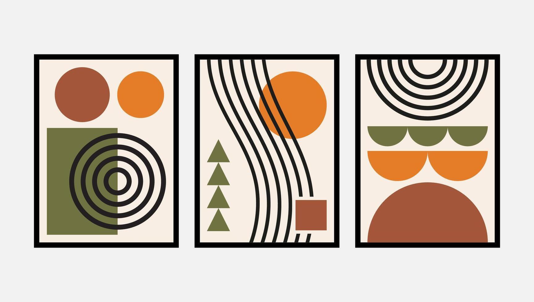 geometric poster set with abstract minimal shapes for modern wall decors. abstract mid century modern posters with bold geometric forms. minimal geometric wall art prints with retro inspired shapes vector