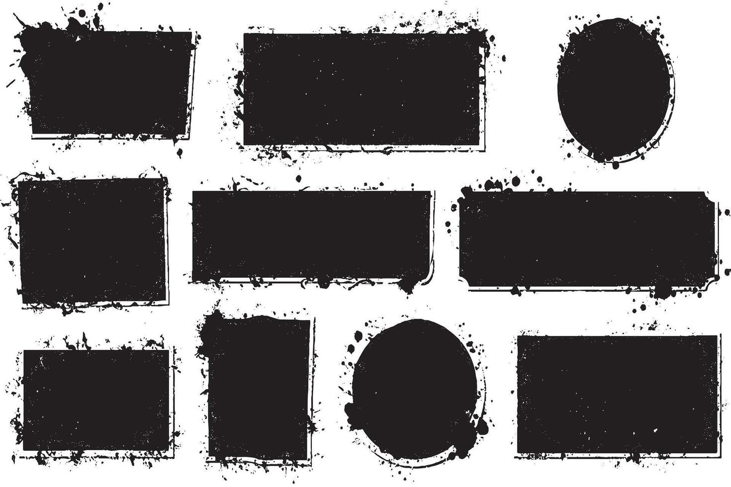 Set of Black Grunge Frames, Ink Splatter Distressed Borders, and Text Boxes vector