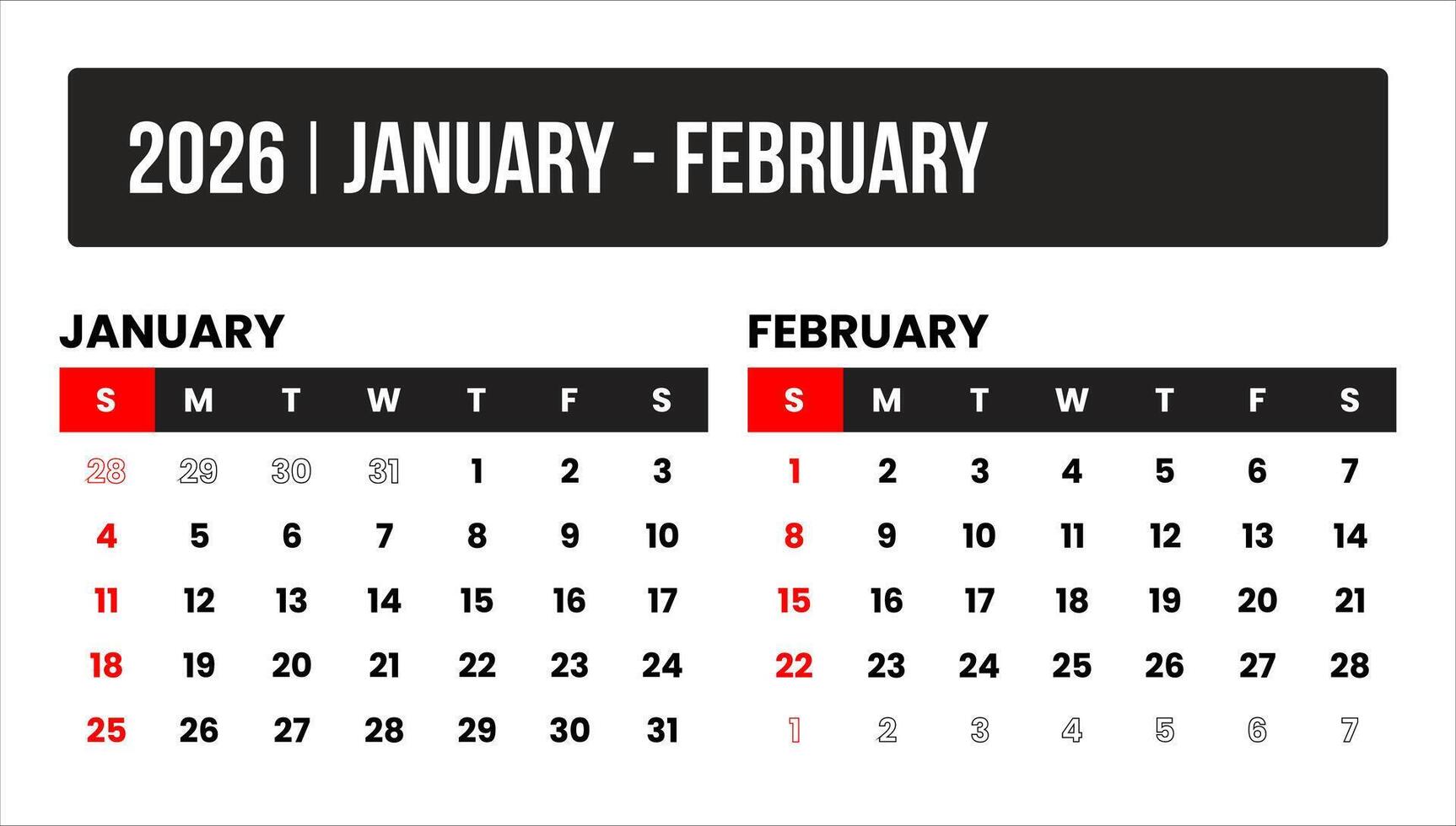 2026 2 months january - february universal calendar design, international format suitable for global use, modern minimal template for print and digital applications vector