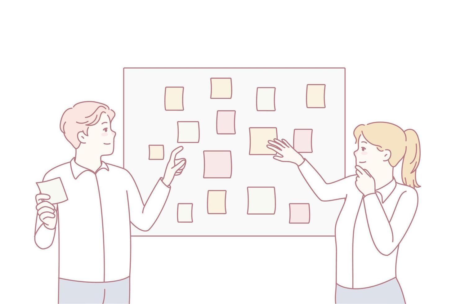 Two people discussing sticky notes vector