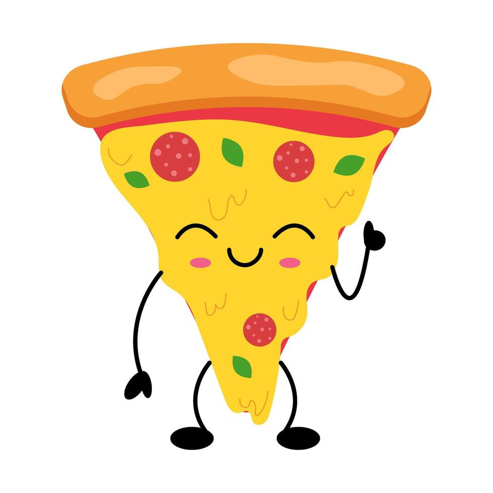 Kawaii pizza slice character with cheerful expression and colorful toppings for fun designs vector
