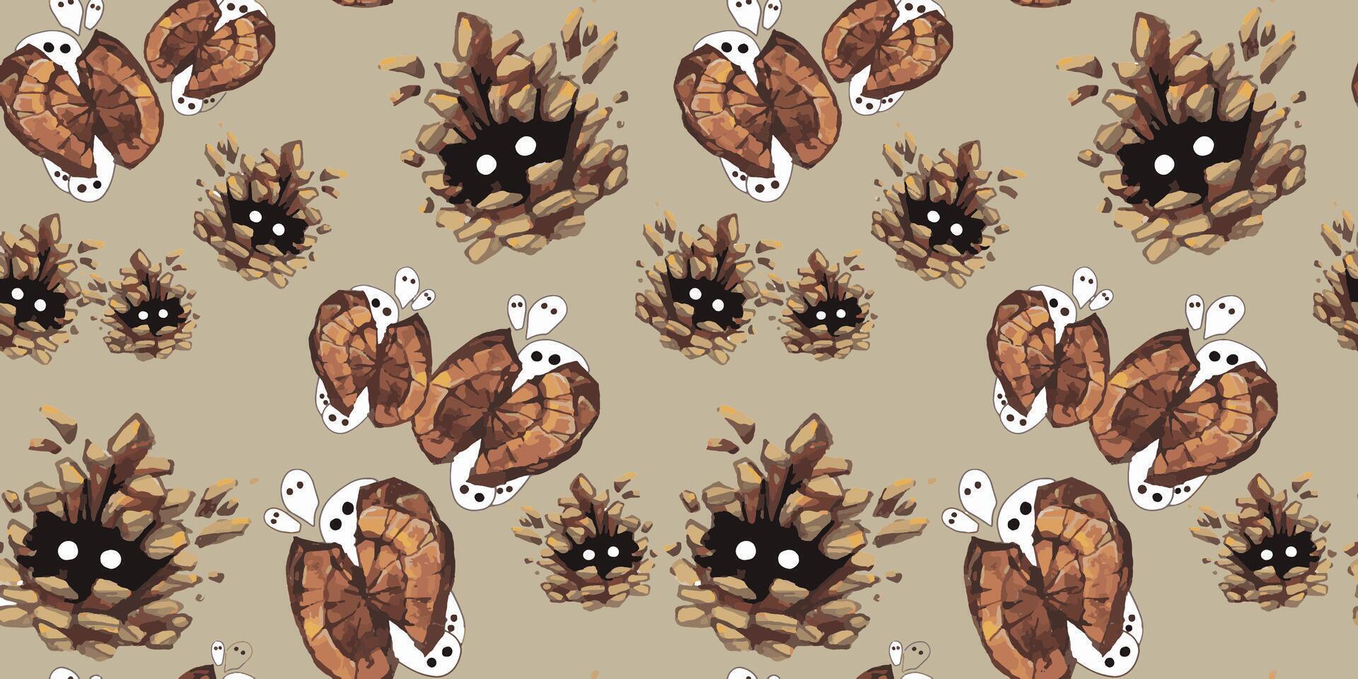 seamless digital pattern featuring repeating motifs of stylized, watercolor-effect autumn seeds and cones on a muted beige background. vector