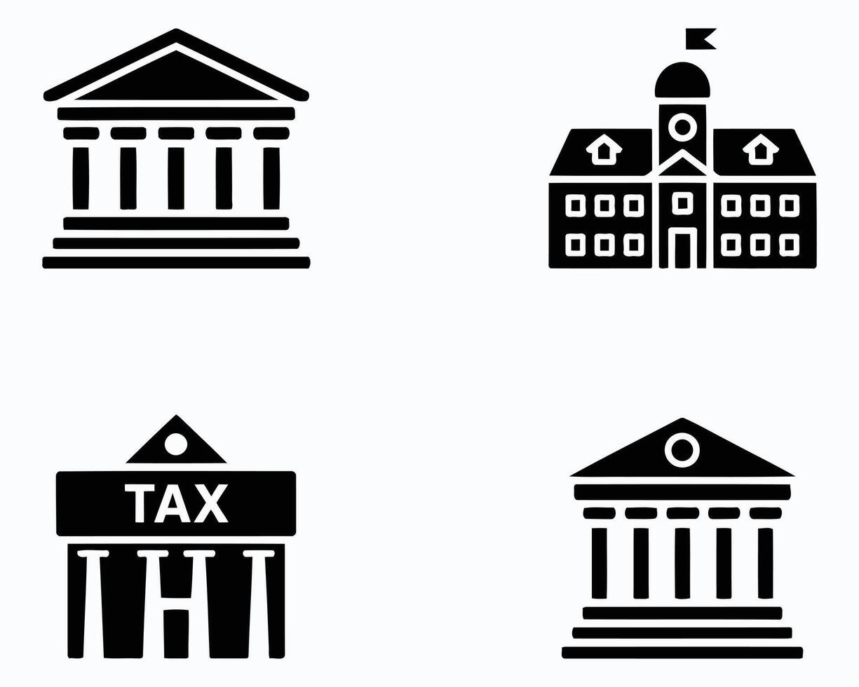 Array of Pictograms Featuring Buildings Depicting Financial, Educational, and Governmental Institutions with Simple Shapes and Designs in Dark Black and White vector