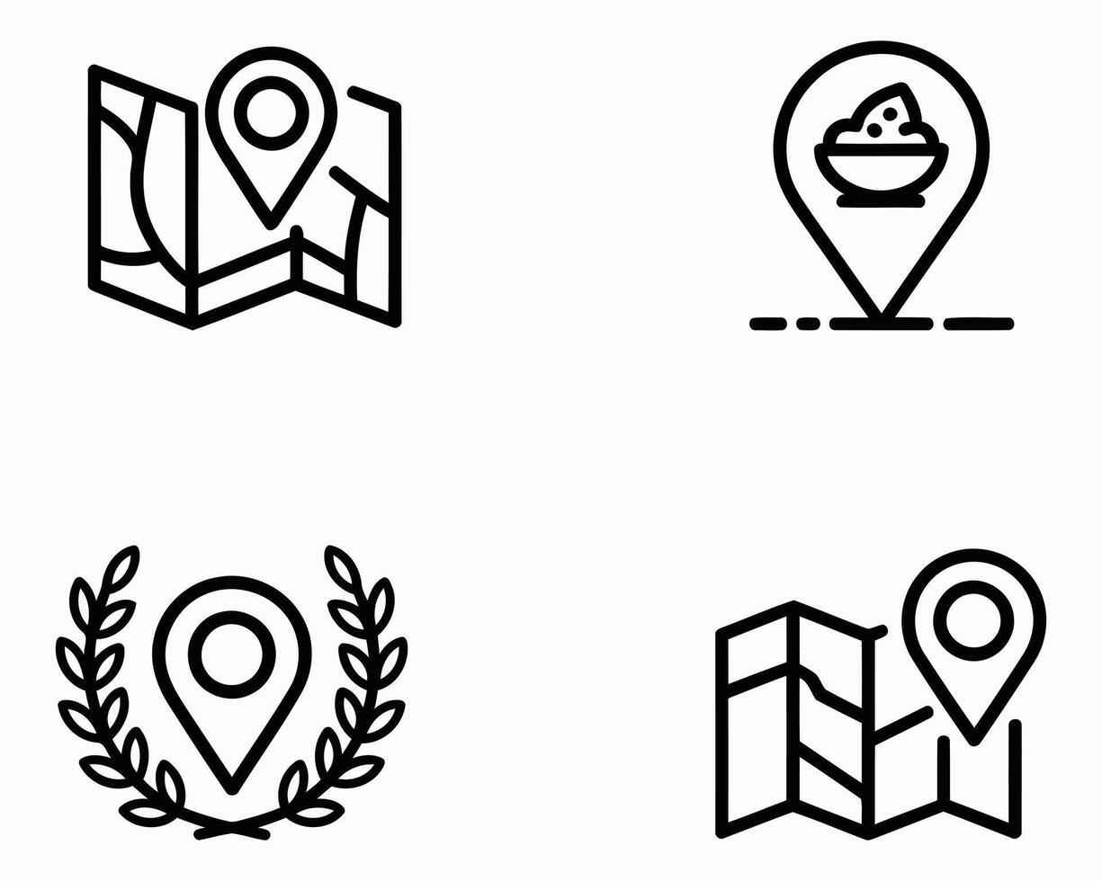 Four Unique Black and White Icon Illustrations Featuring Location Pins and Maps for Wayfinding Applications with Laurel Decoration and Food vector