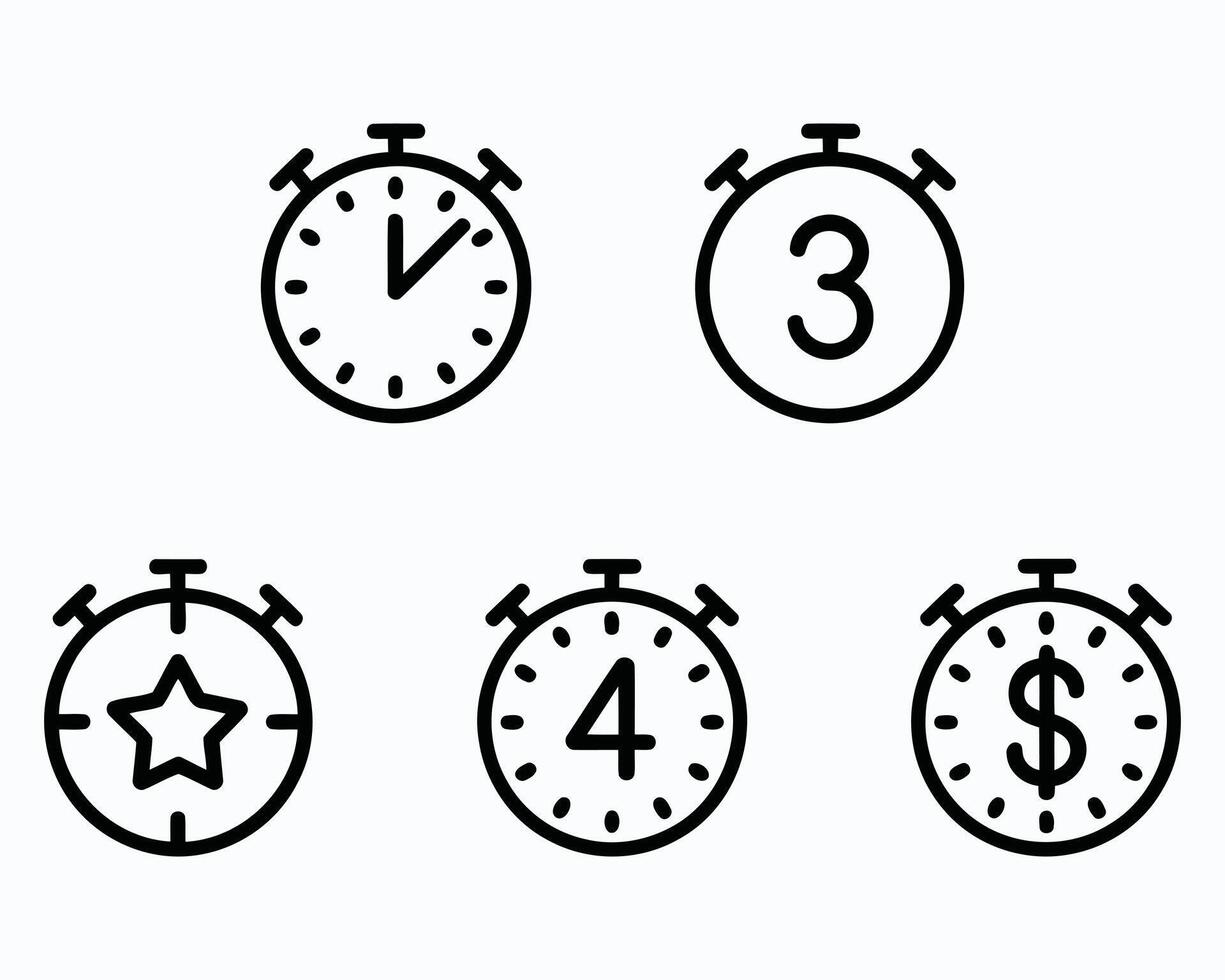 Illustrative Stopwatch Icons Depicting Time Based Concepts Such as Deadline Three Four Star and Dollar Representing Speed Urgency and Reward vector