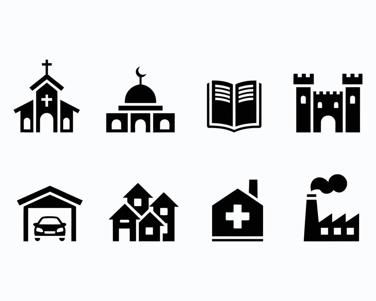 Diverse Architectural Icons Representing Community Resources Worship Knowledge Security Housing Healthcare and Industry Enhancing Visual Communication for Informational Purposes vector