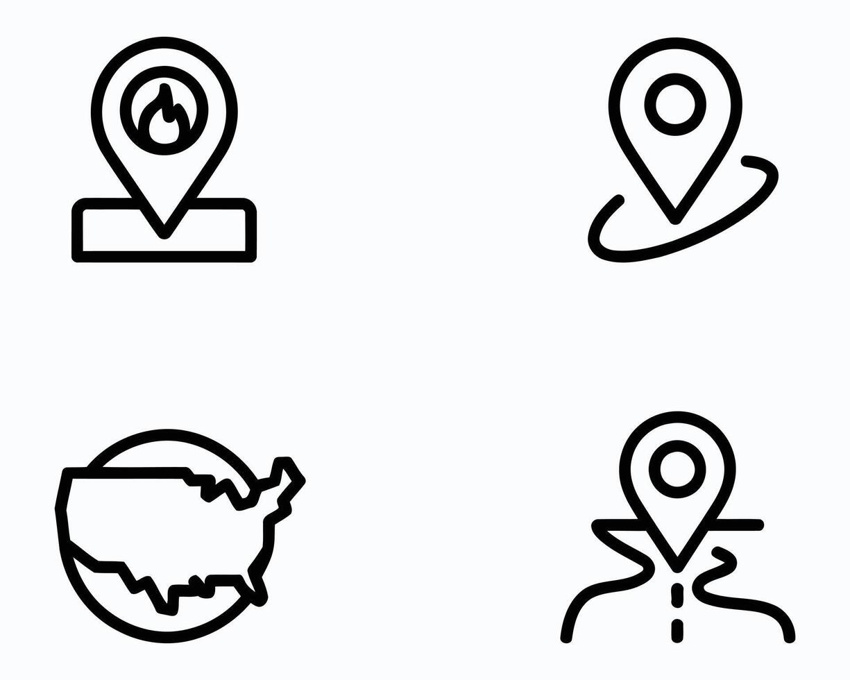 Various Location and Geography Icons Depicting US Map Flames Location Pin and Road Location Pin Emphasizing Mapping and Navigation Related Concepts vector