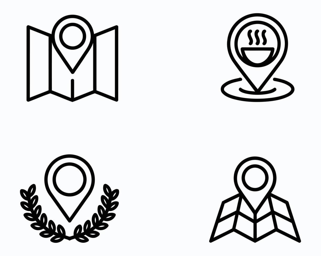 Location Icon Set A Collection of Navigation Symbols Pointers Emblems and Markers Featuring a Restaurant Laurel Wreath and Various Map Designs vector