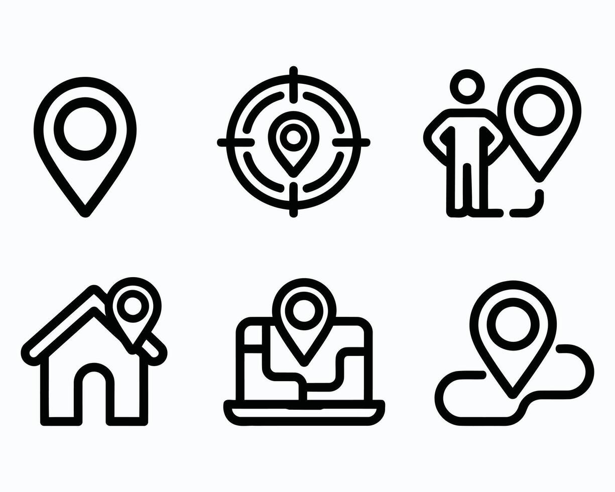 Collection of Six Different Map Pointer Icon Designs Presenting Location Target Home Travel Navigation and User Location in Unique Artistic Black Line Art vector