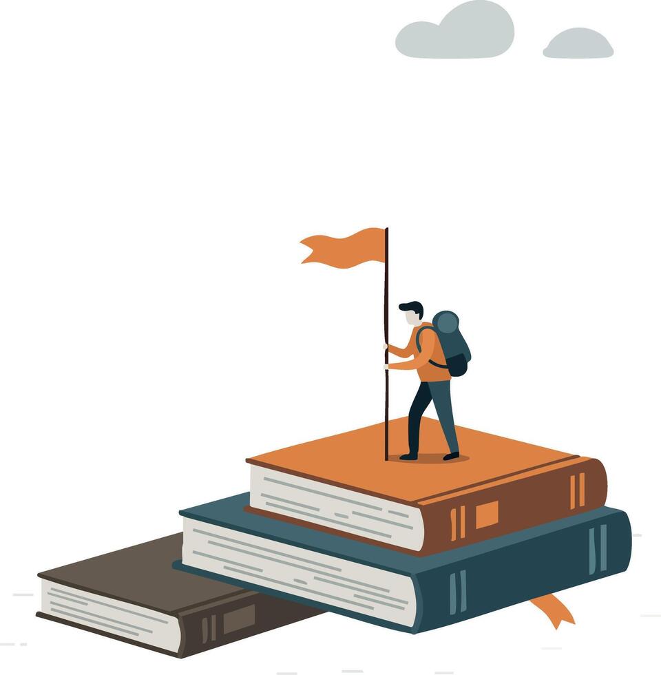 Adventurous hiker climbing stack of large books symbolizing knowledge and discovery in education and personal growth vector