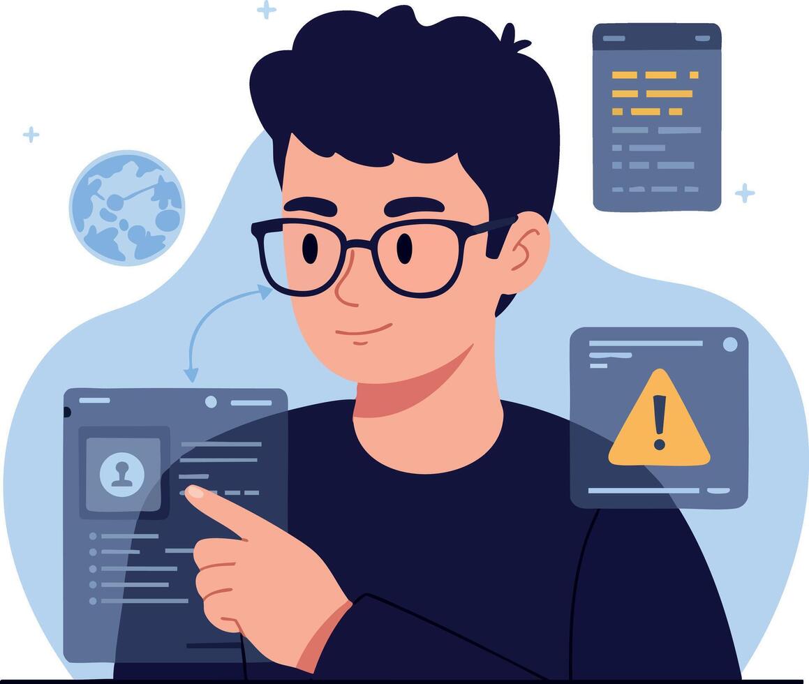 joven hombre utilizando digital interfaz con tecnología íconos y datos visualización ilustración vector