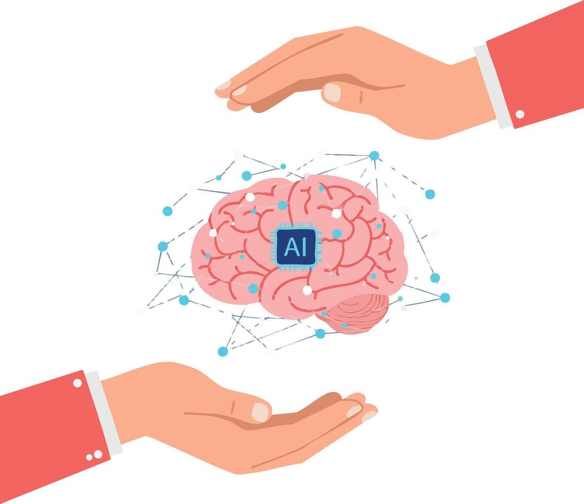 Artificial intelligence concept with human brain protected by hands and digital network connections illustration vector