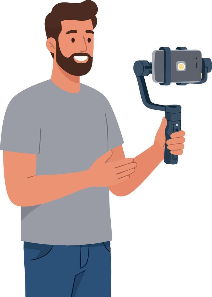 Man recording with smartphone gimbal stabilizer for smooth footage technology and content creation vector