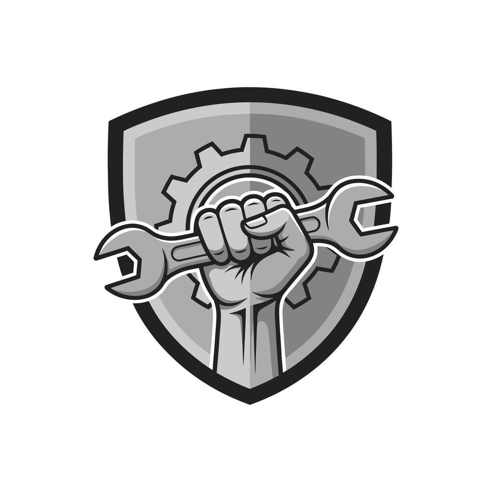 Fist holding wrench with gear and shield in the background. vector