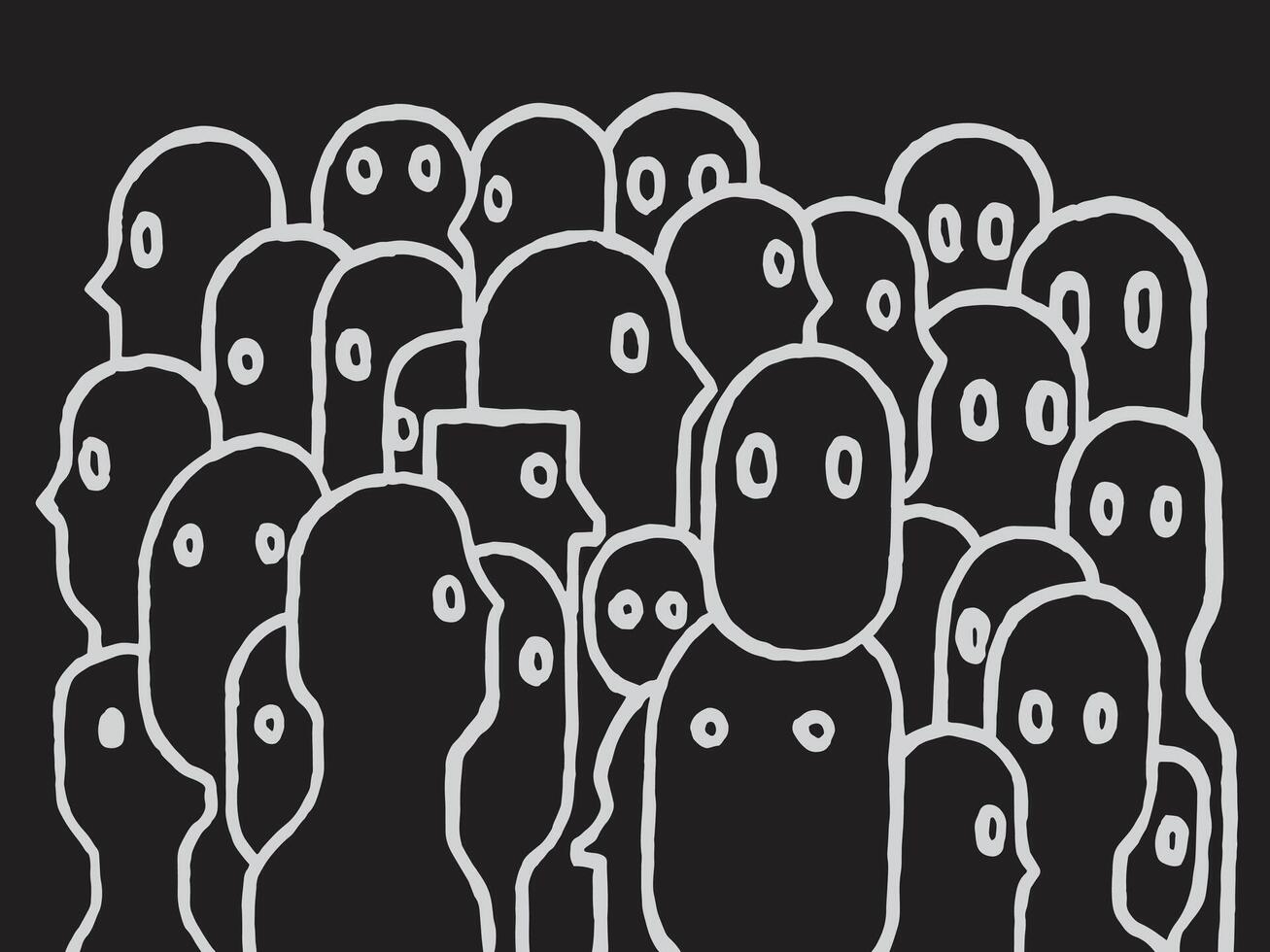 Hand drawn pattern of abstract crowd silhouettes with bold brush lines. Minimal black and white design featuring ghostly faces, creating a modern graphic look. vector