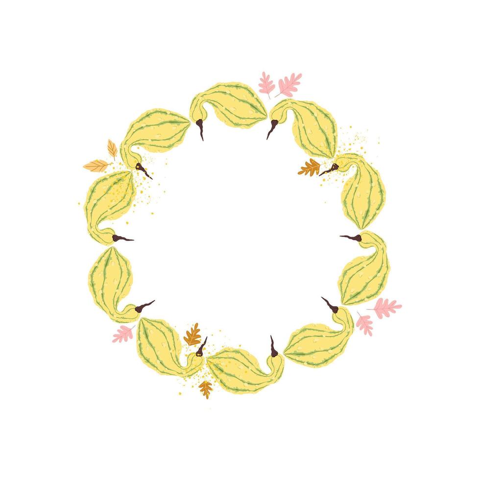 A cute autumn round frame with yellow pumpkins and leaves. A round frame with cozy autumn elements. The pumpkin is arranged in a circle. illustration on a white background. vector