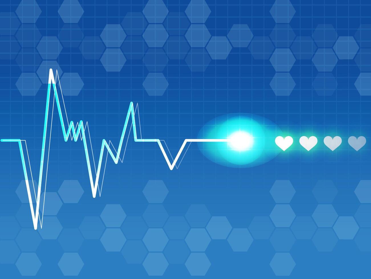 Heartbeat ECG line with glowing pulse and heart icons on a blue hexagon grid background medical healthcare technology concept for banner or presentation with copy space digital style vector