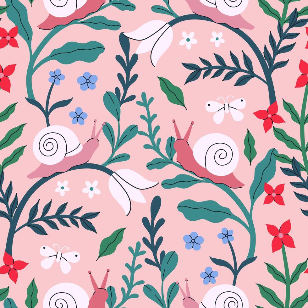 Seamless pattern with snails and flowers. graphics. vector