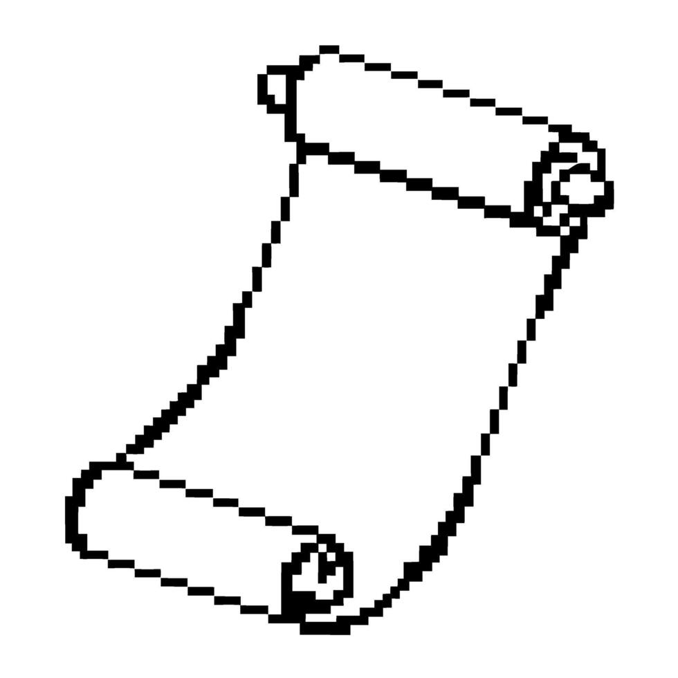 Pixel art ancient scroll illustration blank parchment paper with curled ends, white background, retro digital drawing vector