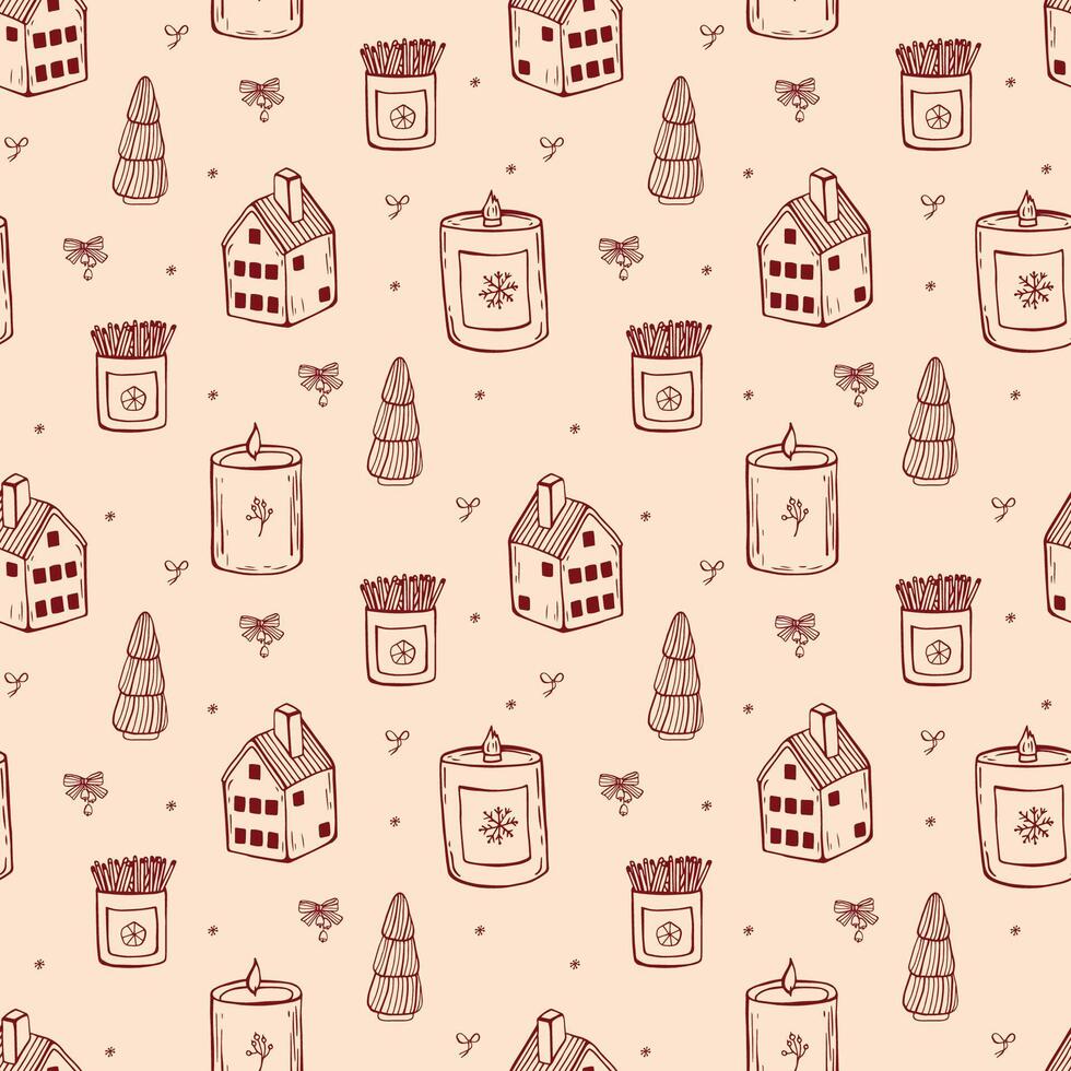 Whimsical Christmas seamless pattern with candle and christmas tree in red color. linear hand drawn wrapping paper vector