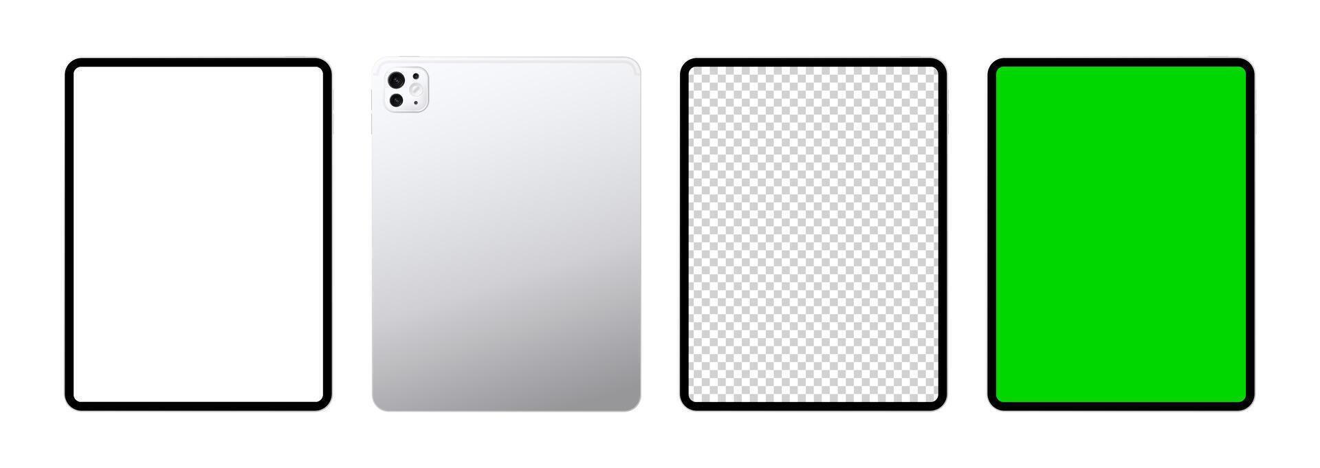 Gray tablet pc device, front and back side mockup set. Realistic touch pad, white and green screen template for user interface and advertisement vector