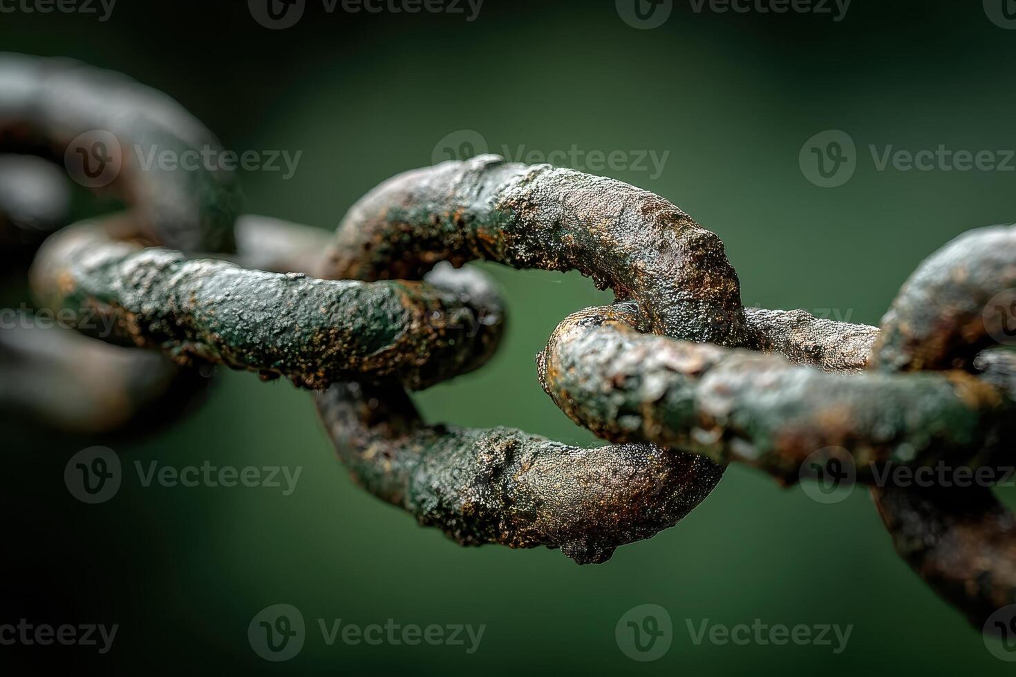 Macro shot showcases a weathered chain link with heavy rust and textured surface detail photo
