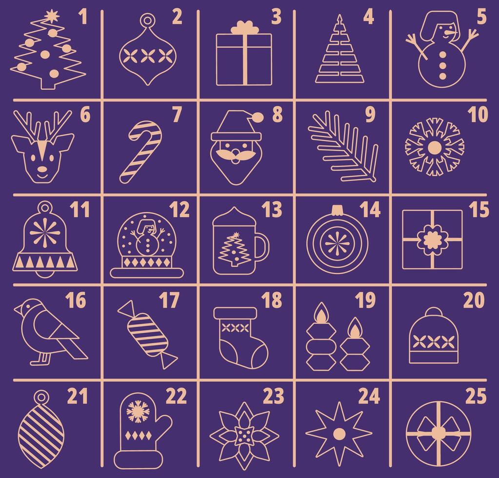 Christmas Advent calendar with 25 days of festive icons in a modern line art style. Holiday countdown from 1 to 25 with numbered grid cells. vector