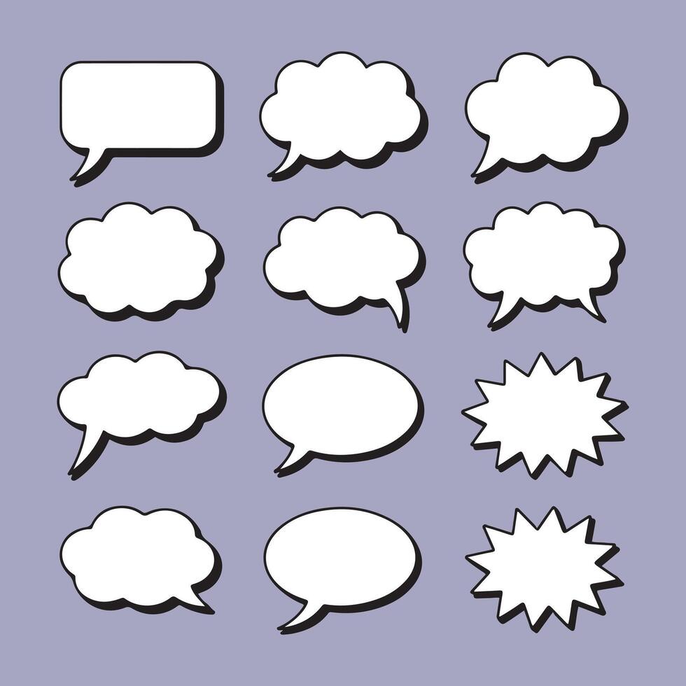 Speech and Thought Bubble Icon Set 12 White illustration Designs with Shadows on Purple Background for Comics, Storytelling, and UI Graphics vector