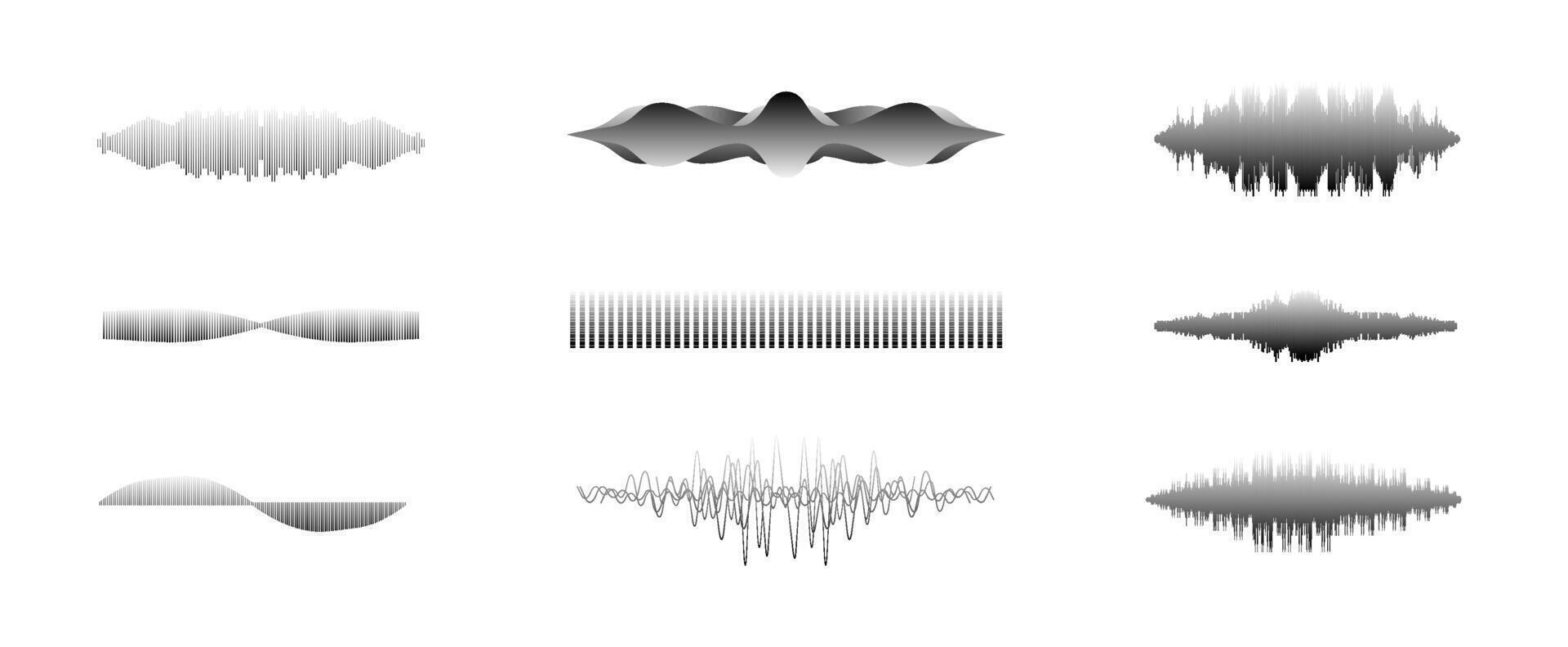 Different sound wave patterns are presented in black and white. Each pattern varies in shape, illustrating the complexity of audio signals. The design emphasizes artistry in sound representation. vector