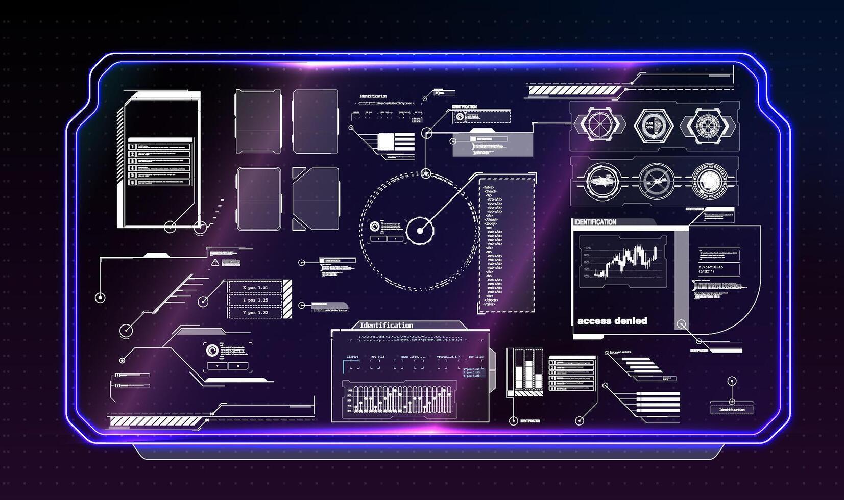 A futuristic digital interface shows various data panels, graphs, and alerts. Access denied notifications suggest a vital security operation is in progress at a high-tech facility. vector