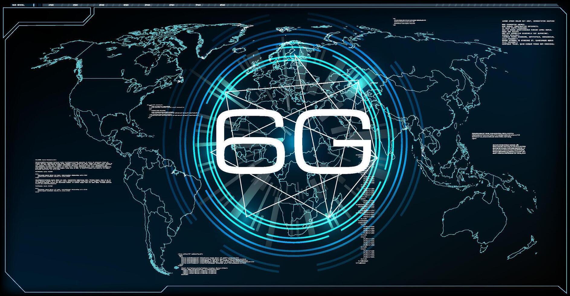 A digital map showcasing the concept of 6G technology with network connections highlighted around the globe. This design illustrates the future of high-speed communication. vector