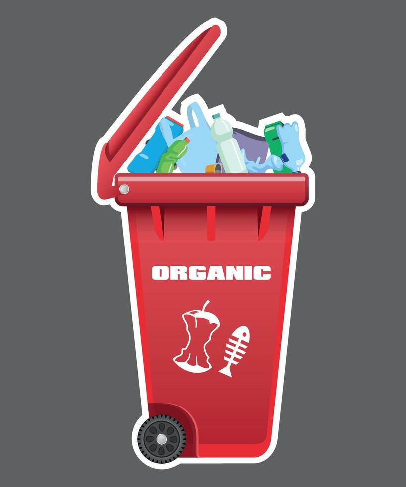 red plastic trash container isolated on gray background vector