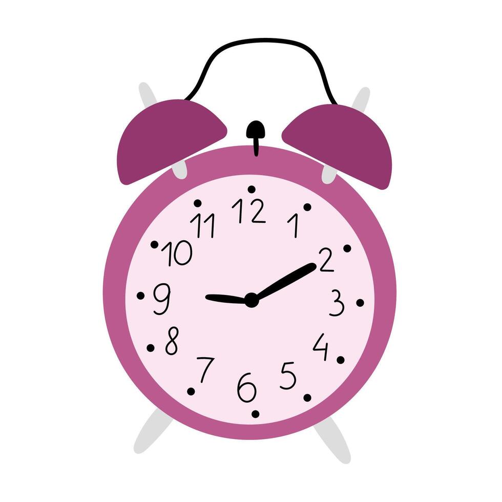 Pink alarm clock isolated on white background. Classical table time. Concepts of time, morning routine, punctuality, and decorative lifestyle imagery. vector