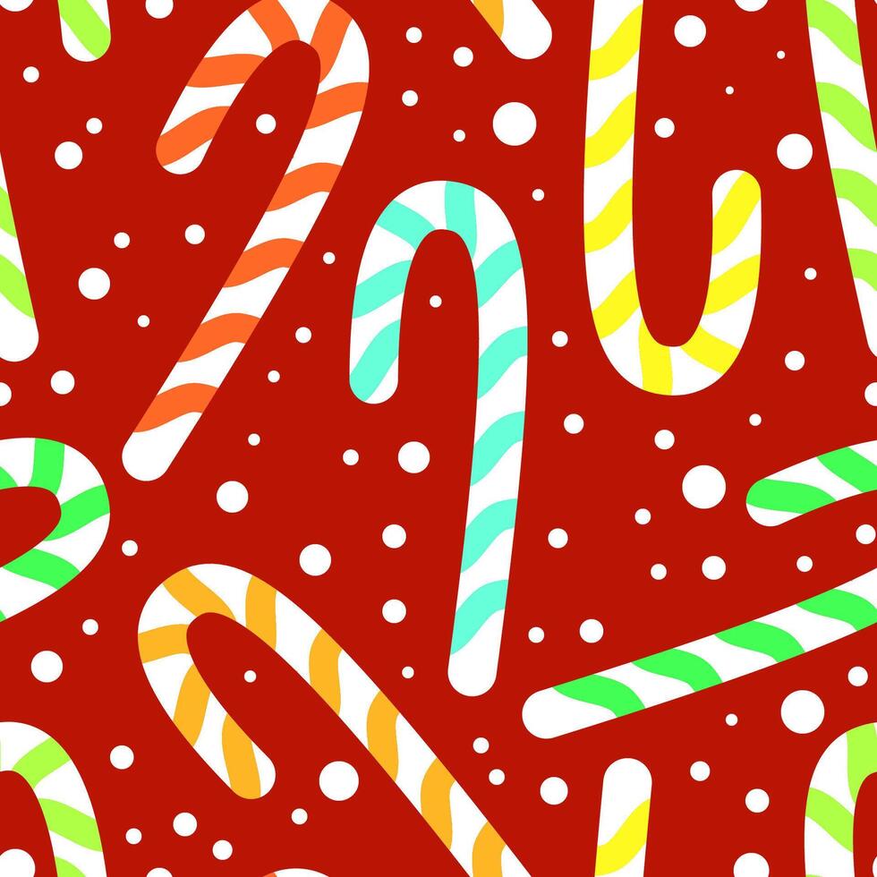 Seamless pattern of Christmas multicolored sugar canes with snow on a red background vector