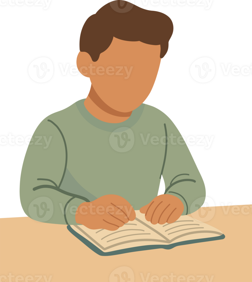 man sitting at a desk while reading an open book with focused attention. png