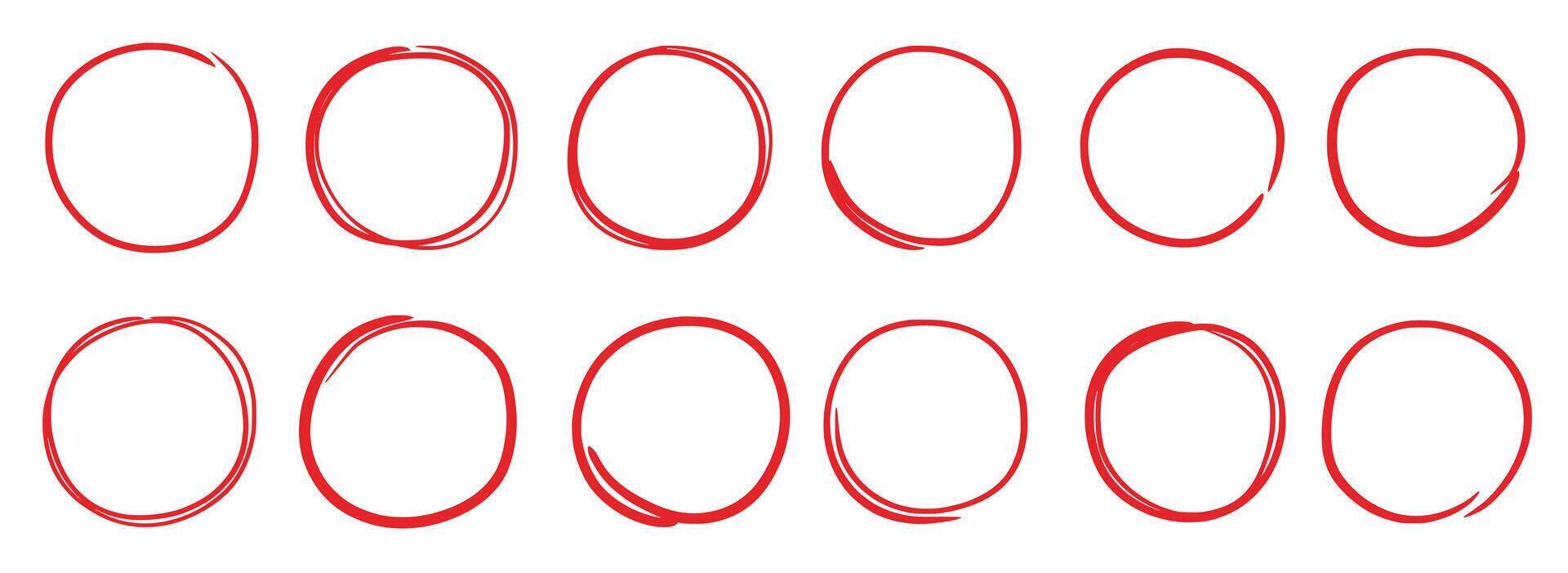 Hand drawn red marker round frame.s Hand drawn marker stroke style doodle red circle frame. Scribble round frame for check, text highlight. Grunge scratch style set. vector