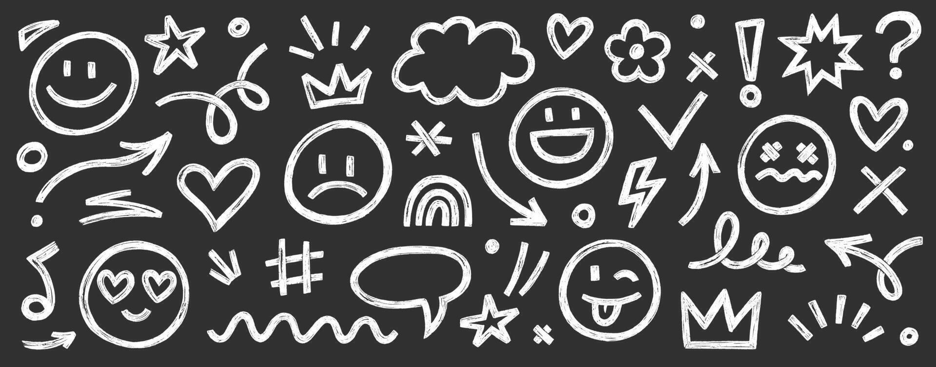 Smile brush hand drawn element set. Emoji fun face, heart, crown symbol crayon texture marker background kid sketch style hand drawn element. Color smiley face, arrow. vector