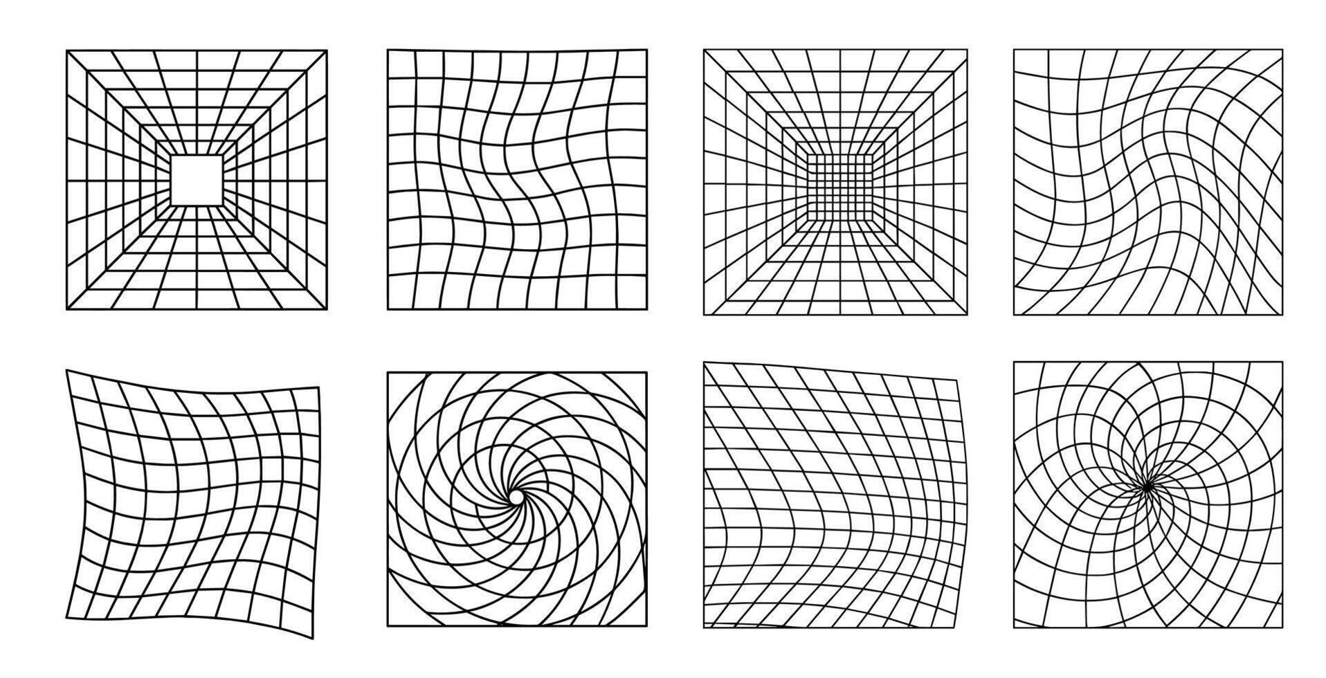 Set of abstract geometric grid patterns with diverse distortions, perspective, and spiral effects vector