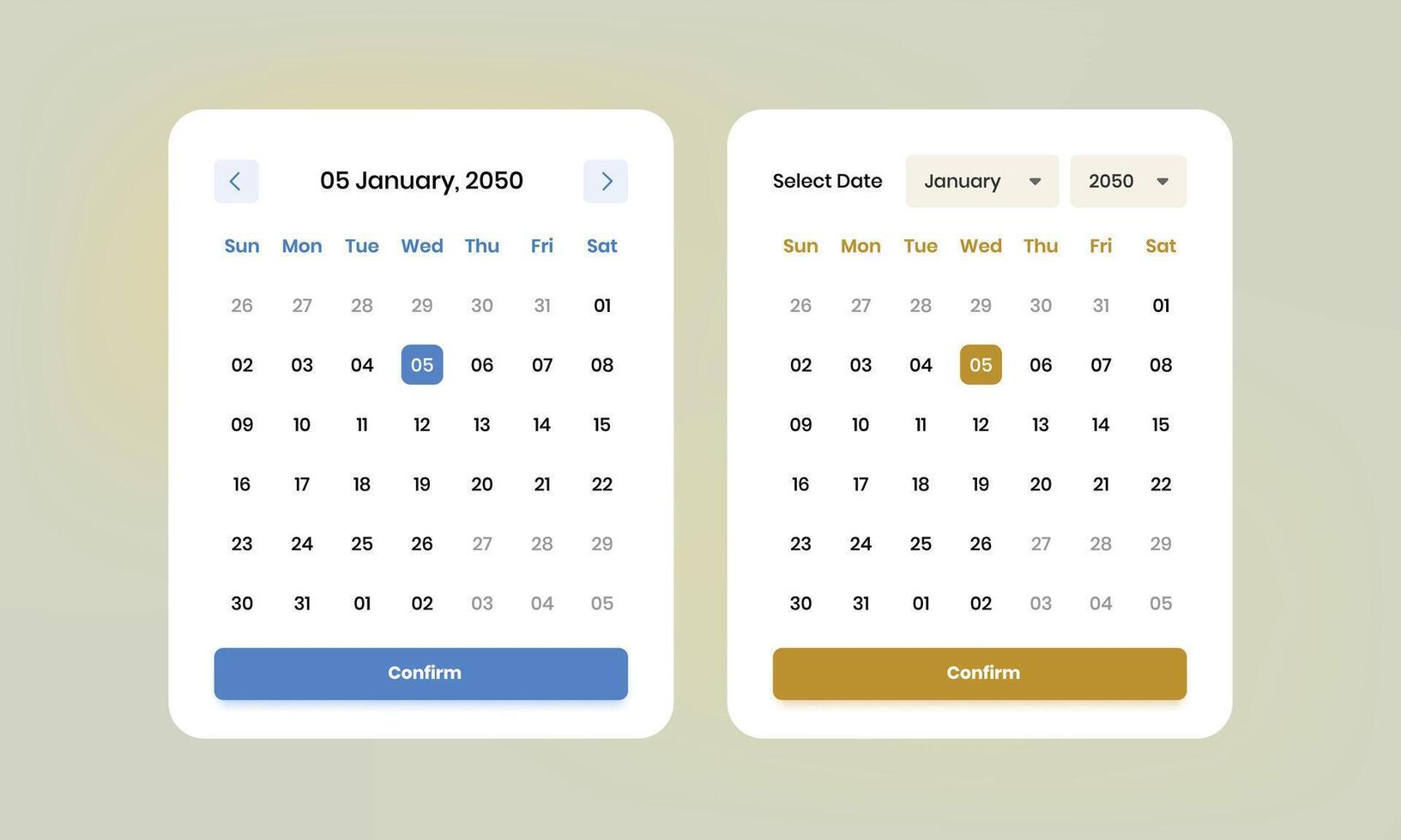 Simple calendar date picker user interface popup design with two variation vector
