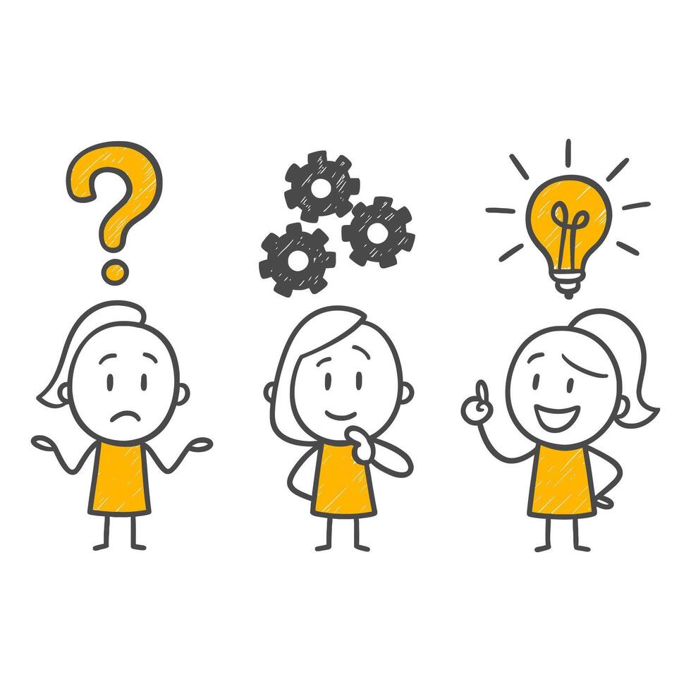 The Problem-Solving Process Starting with a Question Mark Concluding with a Bright Idea. vector