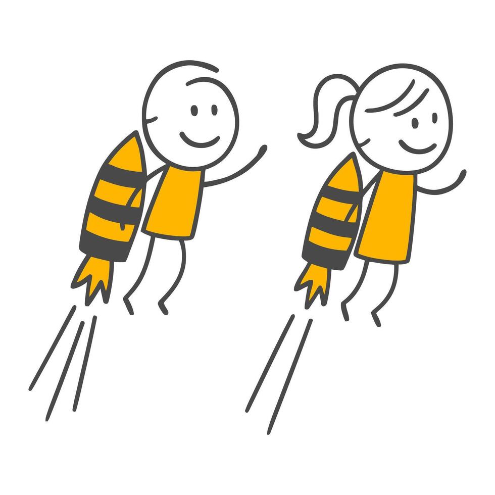 The Gentleman and Lady Figures Soaring to the Sky with Jet Engines Represent Accelerating Towards Success and Reaching Common Goals. vector