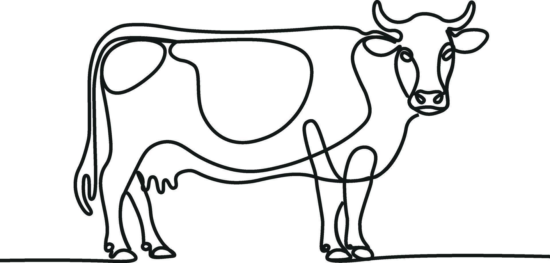 Cows on pasture in One continuous line drawing. Milk calf animal grazing symbol and beef meat farm concept in simple linear style. Editable stroke. vector