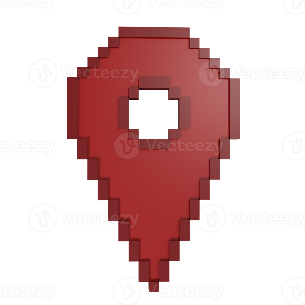 3D render red pixelated map location pin icon, symbolizing GPS, navigation, and geolocation. Modern digital design for apps, maps, online services, and technology concepts png